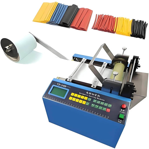 Automatic Heat Shrink Tube Cutter And Cold Cable Trimmer For Rubber Plastic Tubing Adjustable From 0 Point 1 To 9999 Point 9 mm with control panel and assorted tubing.