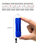 Hand holding aluminum LED flashlight from 4 Pack Aluminum LED Flashlights Set With AAA Batteries Included And Pre Installed Built Tough For Camping And Hiking Super Bright 6 LED Lights Deliver 20 Lumens Each With Long Lasting LEDs Up To 100000 Hours, highlighting compact size, suitable for multiple activities.