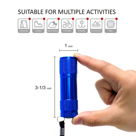 Hand holding aluminum LED flashlight from 4 Pack Aluminum LED Flashlights Set With AAA Batteries Included And Pre Installed Built Tough For Camping And Hiking Super Bright 6 LED Lights Deliver 20 Lumens Each With Long Lasting LEDs Up To 100000 Hours, highlighting compact size, suitable for multiple activities.
