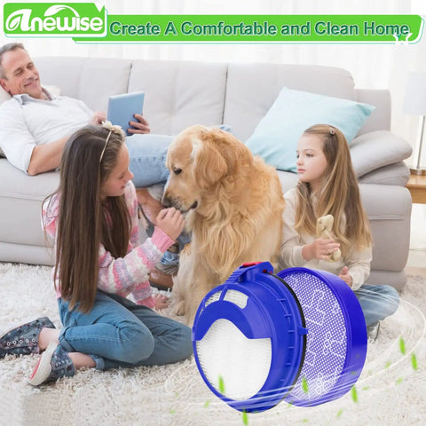 Family with dog on sofa, Replacement Filter Kit For Dyson DC25 Vacuum Ball Series with Washable Pre Motor Filter and HEPA
