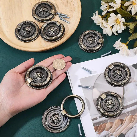 Antique Bronze Drawer Pull Ring Set 8 Pack 2.2 Inch Alloy Cabinet Knobs For Dresser Nightstand Cupboard European Style Decorative Hardware