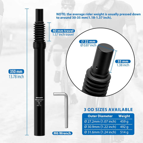 Coil Spring Suspension Seatpost 31.6x350mm For MTB BMX E Bike With Headless Design, dimensions and wrench included