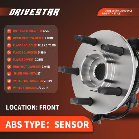4WD Front Wheel Hub Bearing Assembly With ABS For Ford Ranger 2000 2001 2002 And Mazda B3000 B4000 5 Lug 4X4 Direct Fit OEM Replacement