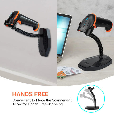 Universal Barcode Scanner Stand With Wall Mount And Built In Compartment Adjustable Head Cradle Holder For POS Retail Grocery Warehouse Library School And Logistics Easy Setup And Durable Design, shown on desk and wall mount setup