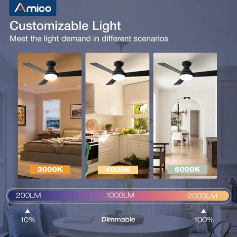 42 Inch Low Profile Ceiling Fan With Light And Remote Flush Mount Reversible Blades Dimmable 3 CCT Noiseless Black Indoor Outdoor Ceiling Fan For Bedroom And Living Areas shown with three lighting settings in different rooms.