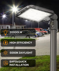 200W LED Parking Lot Light With 30000 Lumens, Slip Fit Mount, Dusk To Dawn Photocell, illuminating parked cars at night