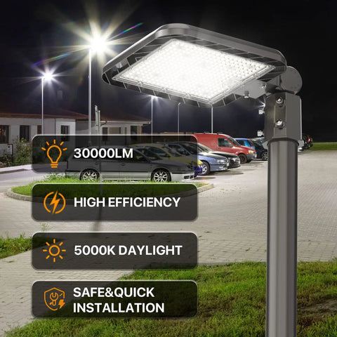 200W LED Parking Lot Light With 30000 Lumens, Slip Fit Mount, Dusk To Dawn Photocell, illuminating parked cars at night
