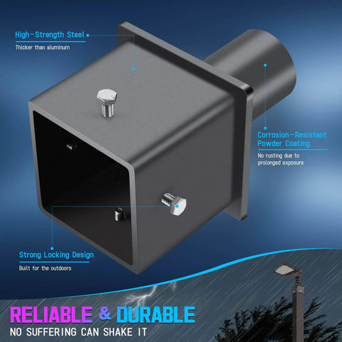 Heavy Duty 2-3/8 Inch Vertical Tenon Pole Adapter For 5 Inch Square Light Poles Rust Proof Slip Fitter Mount For Outdoor Parking Lot Street Shoebox Area Lights Universal Slide Fit Converts Square Poles To Round Fixtures, showing front and side view with highlighted features.