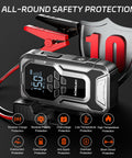 6000A Jump Starter With Air Compressor And 150 PSI Tire Inflator, safety features display, 12V Jump Pack