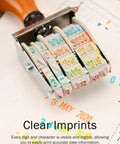 Close-up of Kickin Retro Wooden Roller Date Stamp With Sleek Grip And Clean Roll On Ink System showing clear date imprints.