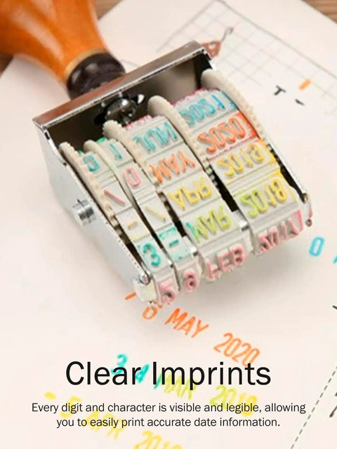 Close-up of Kickin Retro Wooden Roller Date Stamp With Sleek Grip And Clean Roll On Ink System showing clear date imprints.