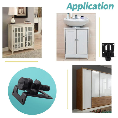 Application of Heavy Duty Leveling Feet 4 Piece Adjustable Furniture Leg Levelers for tables, cabinets, and workbenches shown