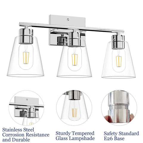 Chrome Bathroom Vanity Light Fixtures With Three Lights, 16.9 Inch, Clear Glass Shades, E26 Base, Modern Farmhouse Look