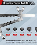 Brake line flare tool kit with tubing cutter; five adapters (3/16–1/2 in) for copper, aluminum, brass tubing