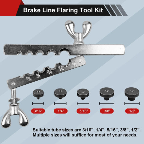 Brake line flare tool kit with tubing cutter; five adapters (3/16–1/2 in) for copper, aluminum, brass tubing