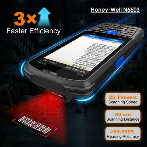 F7 Android 14 Handheld PDA Barcode Scanner in warehouse with red light scanning barcode, highlighting efficiency features