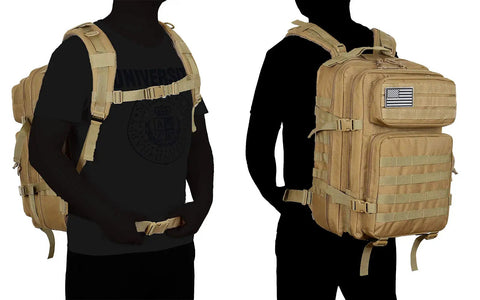 Two models showing 45L Military Tactical Backpack With Molle System Army Assault Pack for Bug Out and Hiking, multi-compartment design.