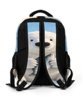 Back view of Frosty Polar Bear Printed Unisex Backpack featuring breathable black straps and durable polyester material.