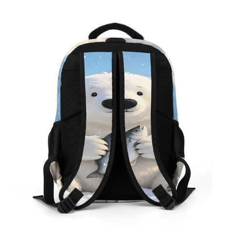 Back view of Frosty Polar Bear Printed Unisex Backpack featuring breathable black straps and durable polyester material.