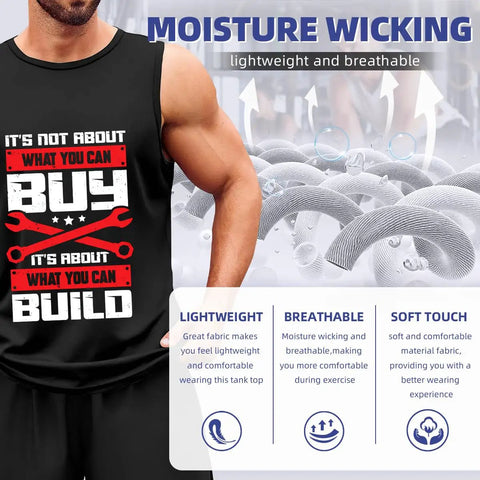Mens Premium Cotton Muscle Tee Featuring Vintage Race Car And Moto Mechanic Graphics Lightweight Breathable Sleeveless Summer Gym Tank Top Straight Up Dope Fit, model wearing tank top with moisture-wicking feature.