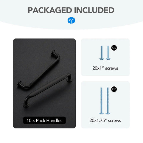 Premium Matte Black Cabinet Handles And Drawer Pulls 5 Inch 10 Pack Heavy Duty Zinc Alloy Kitchen Hardware package includes handles and screws