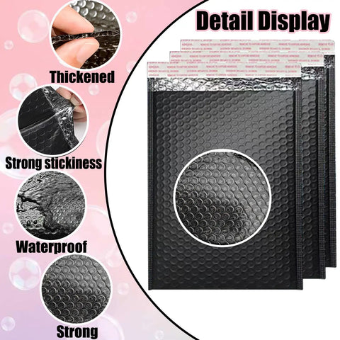Black Bubble Mailers Set Of 50 Waterproof Self Seal Padded Envelopes For Shipping And Packing, detail of thickened design.