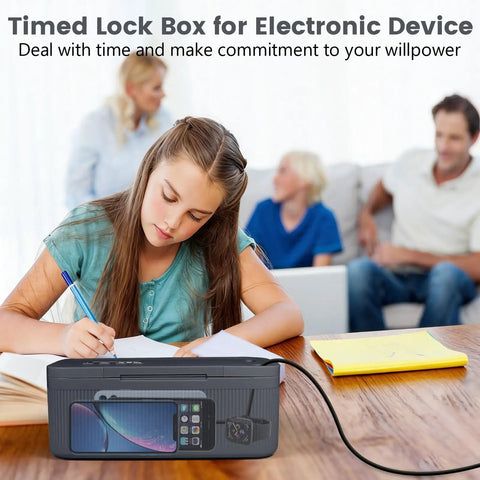Girl studying with Heavy Duty Timed Lock Box That Slaps Your Phone Up for 30 Days Max Phone Jail on desk.