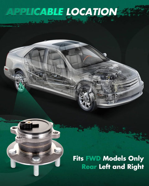 Rear Wheel Hub Bearing Assembly Kit 2 Pack Fits 2014 2015 2016 Mazda 3 With 5 Lug ABS OE 512523 Direct Replacement For Quick Bolt In And Smooth Ride Now, showcased with a semi-transparent sedan highlighting installation location.