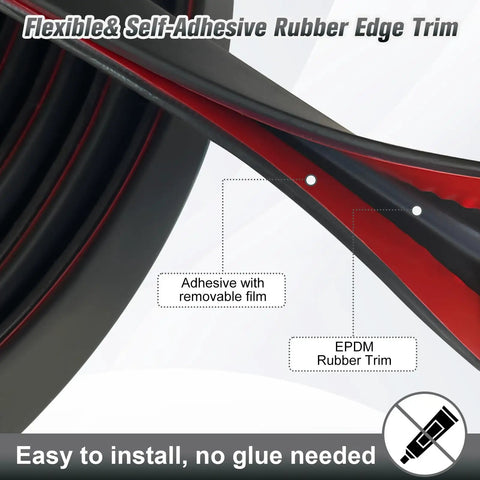 Sturdy 20 Foot EPDM Rubber Edge Trim In Slick Black With Tight Grip Seal For Furniture And Vehicles All Season Border shown rolled up with adhesive detail.