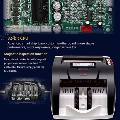 Heavy Lift Portable Bill Counter With Swivel Screen And Worldwide Currency Scan To Catch Counterfeits Cold, showing internal 32-bit processor and magnetic inspection.