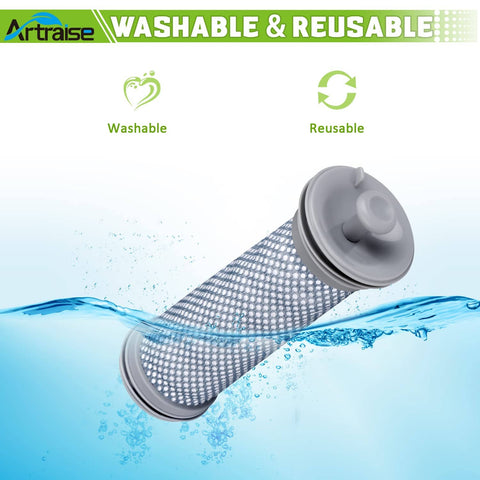 Pre Filter Replacement 3 Pack For A10 A11 Hero And A10 A11 Master Vacuum Cleaners Easy Fit Pure One S11 Series S12 And X Cordless Vac Systems High Efficiency HEPA Filters showing one filter submerged in water for washability.