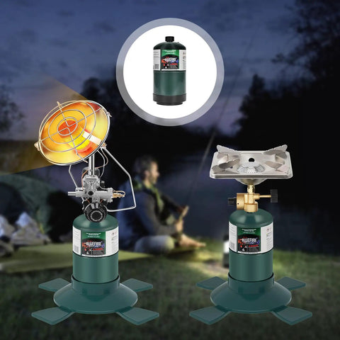 Compact 16.4 Oz Propane Tank Pack Of 2 For Camping Stoves And Torches, with heater and stove attachments in outdoor setting