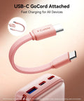 Ultra Mini 10000mAh USB C Power Bank With 45W Fast Charge showing pink USB-C cable and ports.