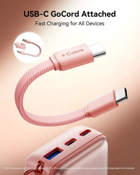 Ultra Mini 10000mAh USB C Power Bank With 45W Fast Charge showing pink USB-C cable and ports.