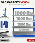 Beefy Industrial Cantilever Rack System For Heavy Duty Storage And Lumber Organization Freestanding Alloy Steel Pipe Rack With Upward Safety Hooks Garage Shed Workshop Storage 4000 LBS Capacity, showing 4 tiers with 1000 lbs capacity each, mounted on a blue frame with adjustable spacing.