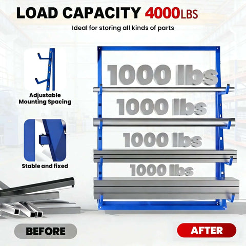 Beefy Industrial Cantilever Rack System For Heavy Duty Storage And Lumber Organization Freestanding Alloy Steel Pipe Rack With Upward Safety Hooks Garage Shed Workshop Storage 4000 LBS Capacity, showing 4 tiers with 1000 lbs capacity each, mounted on a blue frame with adjustable spacing.