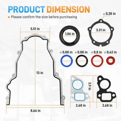 Image of Timing Cover Gasket Seal Kit dimensions for GM LS Engine Family 4.8L 5.3L 5.7L 6.0L 6.2L Gen III IV V