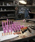 Get Your Tig Torch Running Smooth With This Ultimate Industrial Parts Accessory Kit, Featuring pink ceramic nozzles and brass fittings.