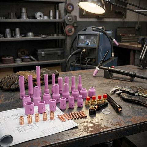 Get Your Tig Torch Running Smooth With This Ultimate Industrial Parts Accessory Kit, Featuring pink ceramic nozzles and brass fittings.