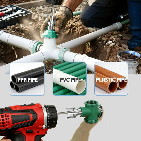 Four In One Water Pipe Threader for One Half, Three Quarters, And One Inch PVC Pipes used with electric drill in plumbing setup