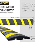 Heavy Duty Rubber Speed Bump 6 Foot Ramp With Integrated Cable Cover shown in yellow and black with dimensions and features.