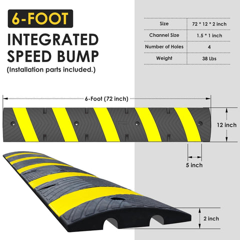 Heavy Duty Rubber Speed Bump 6 Foot Ramp With Integrated Cable Cover shown in yellow and black with dimensions and features.