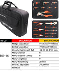 16-Piece Non-Sparking Tool Set With Screwdrivers, Adjustable Wrench, Pliers, Hex Keys, Water Pump Pliers, BeCu Construction, Non-Magnetic, Corrosion Resistant, DIN Standard, BAM Certified For Pro Grade Jobs displayed with tool bag and specifications chart
