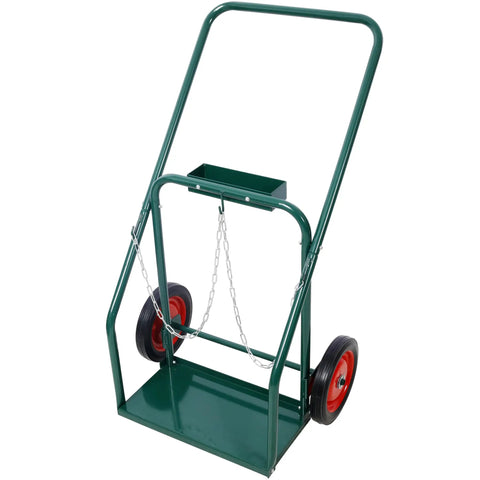 Heavy Duty 440 Lbs Welding Cylinder Cart With 10 Inch Solid Rubber Wheels Dual Oxygen And Acetylene Tank Dolly Removable Steel Cart For Secure Gas Cylinder Transport And Storage Green, green steel frame with chains and red wheels