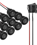 10 Pack KCD1 Mini Round Rocker Switches SPST On Off Snap In With 200mm Pre Wired Wires For Car Boat Auto Use 2 Pin Mount 6A 250V 10A 125V 12V DC Nylon PA66 Durable Tough, round black switch fronts and wired back view