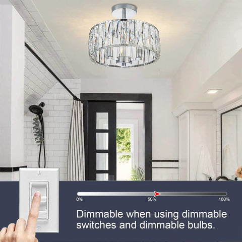 Crystal Drum Ceiling Light Fixture 13 Inch Flush Mount Chandelier With Chrome Finish in modern bathroom setting.
