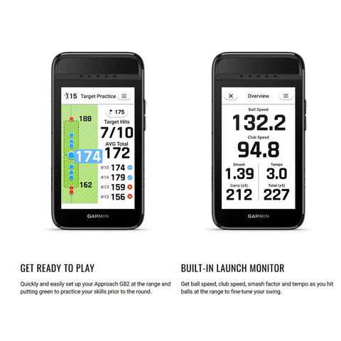 G82 Golf Launch Monitor With Premium GPS Handheld And Virtual Caddie 5 Inch Touchscreen showing target and swing metrics.