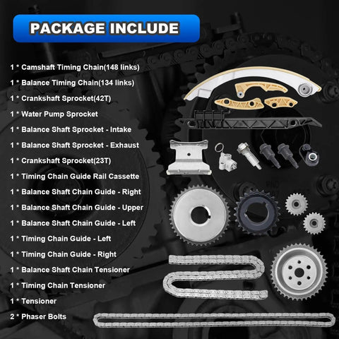 Drop In Ready Timing Chain Kit With Guide Tensioner Crankshaft Phaser And Sprocket For 2.0L 2.2L 2.4L GM Engines package contents