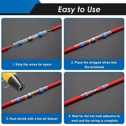 Installation steps of Must Have Pro Grade 252Pcs Solder Seal Wire Connectors Kit with heat shrink on red wires.