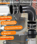 Heavy Duty 4 Inch Dust Collection Fitting Kit For Woodshop includes 90 Degree Elbow, Blast Gate, Flex Cuffs for efficient airflow.